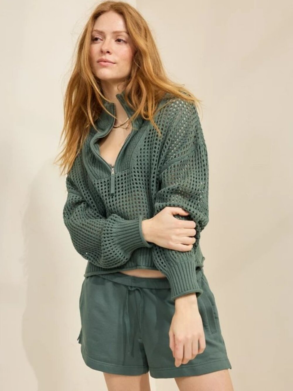 Aerie Crochet Quarter Zip Sweater